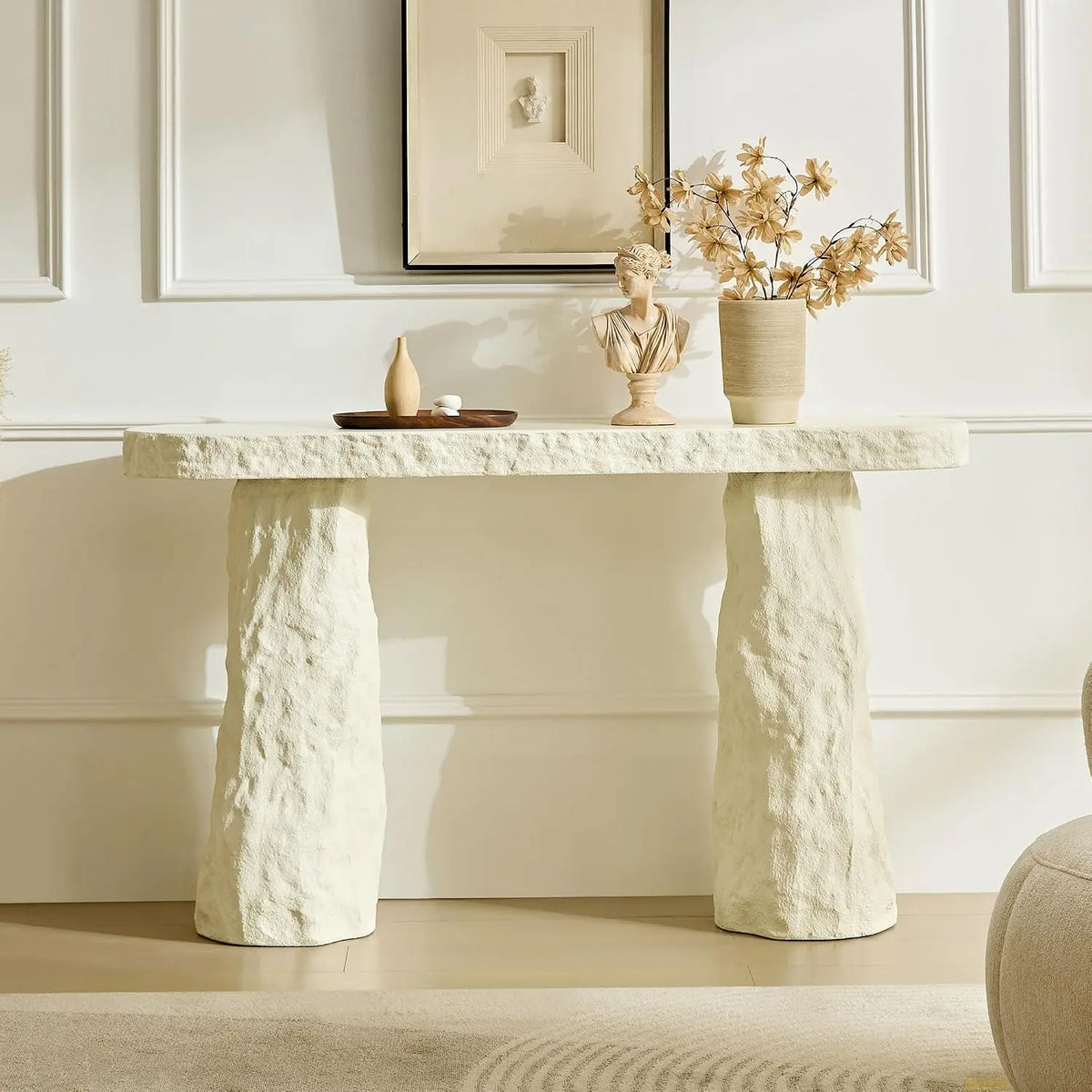 Oval - Faux Stone Console Table Travertine Entry Way Table