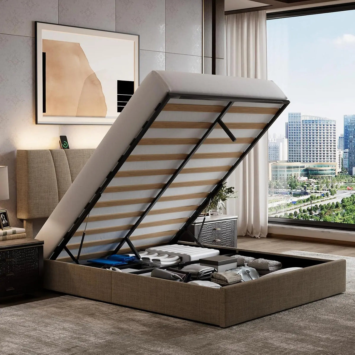 Novilla Queen Lift Up Storage Bed Frame/Charging Station/LED Light, Beige, Timer, Bluetooth Connectivity