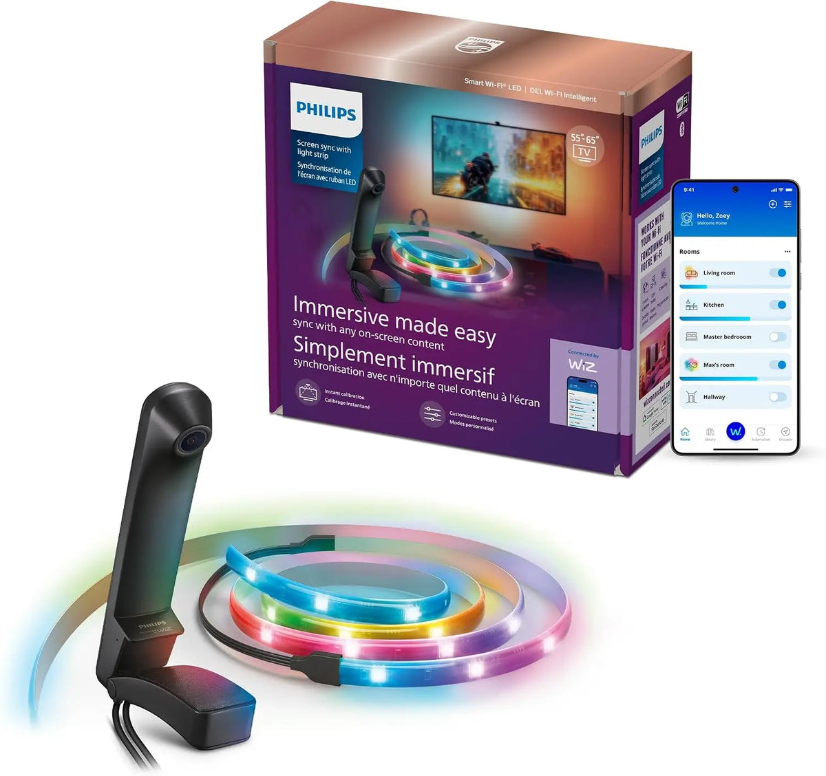 PHILIPS Smart Lighting Screen Sync with Strip Light for 55 Inch-65 Inch TV, RGBIC LED Strip, Immersive Lighting, Sync with Any On-Screen Content