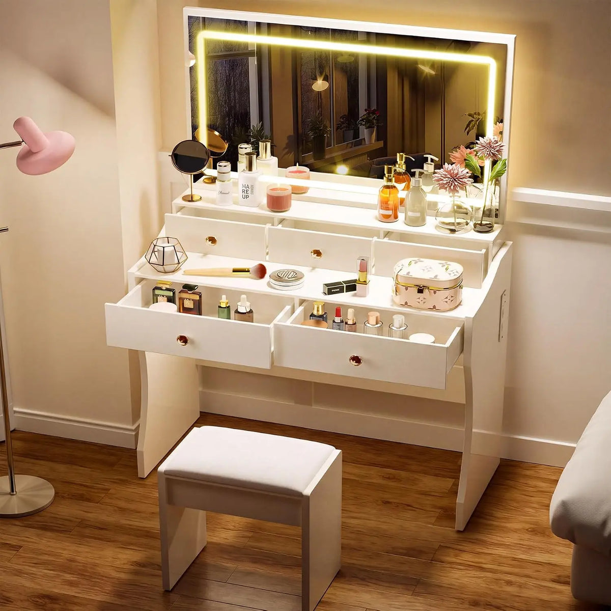 COMHOMA Vanity Desk with LED Lights Mirror & Power Outlet, Small Makeup Vanity Table Set with 5 Storage Drawers, White