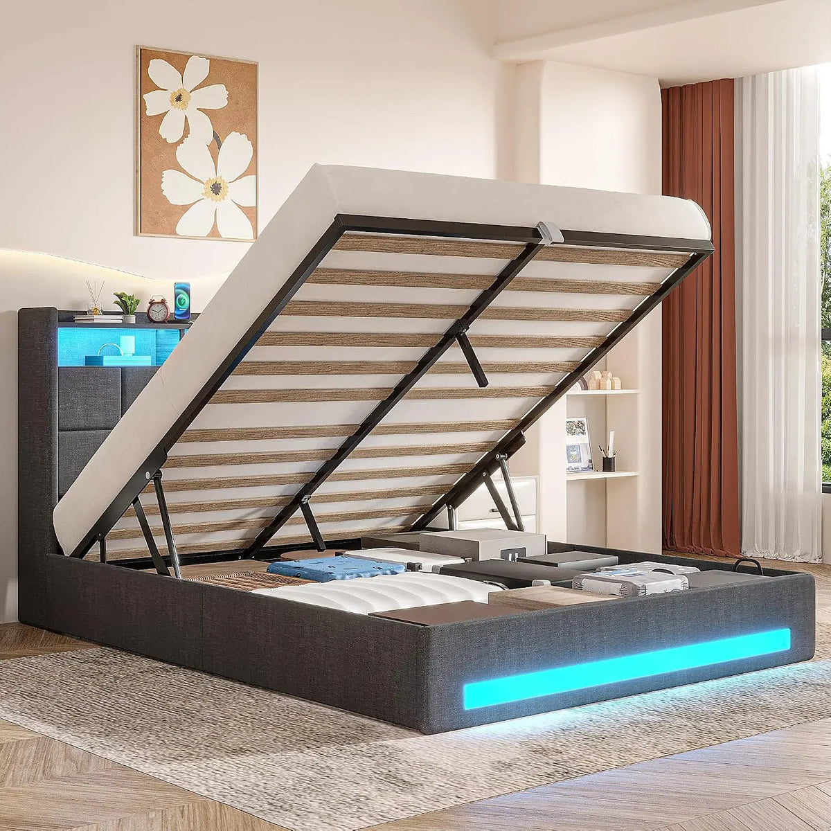 VECELO Full Size Lift Up Storage Bed, Upholstered Platform Bed Frame with Smart LED Lights and USB Charging Station, No Box Spring Needed, Gray