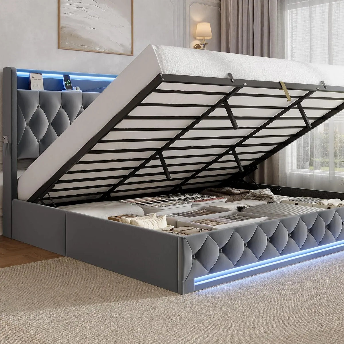 King Size Hydraulic Lift Up Storage Bed Frame with Shelves, Side Pockets & Charging Station, Upholstered LED Platform Bed with Button Tufted Headboard