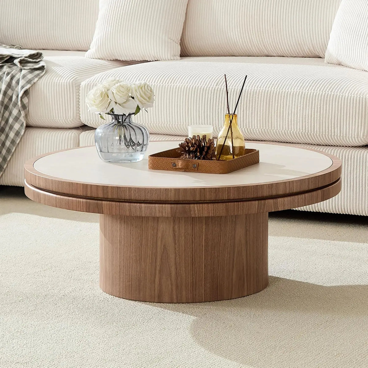 LKTART 35.43 Inch Round Coffee Table with Travertine Texture Sintered Stone Top, Mid-Century Modern Pedestal Center Table, Easy Assembly, Walnut