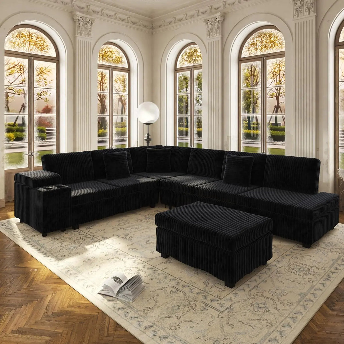 KEIKI 110 Inch L-Shaped Oversized Plush Corduroy Modular Sectional Sofa with Pull-Out Bed, Easy Assembly, for Living Room, Black