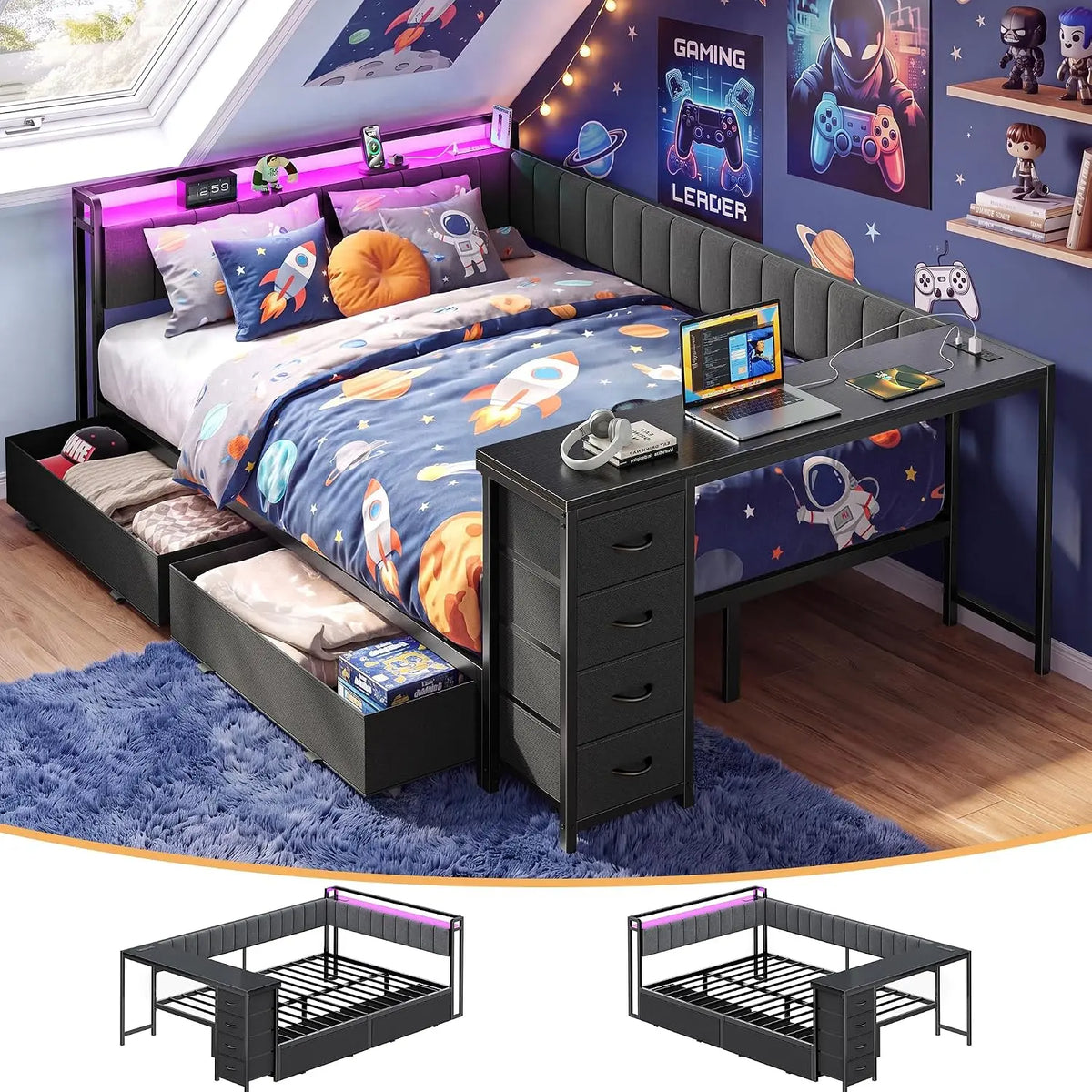 PRAISUN Full Corner Bed Frame with Desk - LED Light, 2 Charging Stations