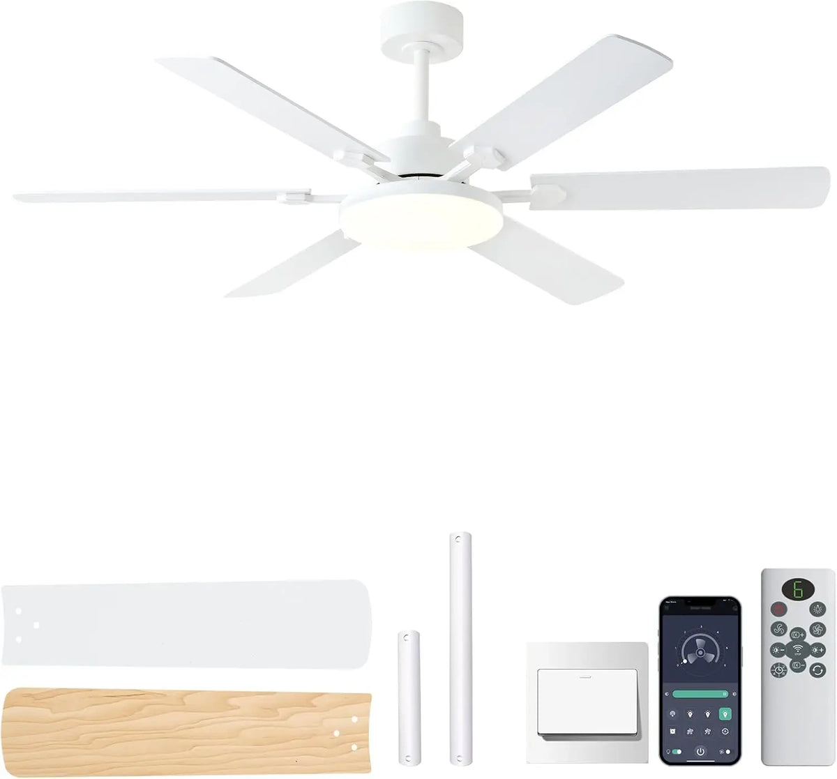NKPU 56 Inch Ceiling Fans with Lights, Modern White Ceiling Fan with Light and Remote Control, 6 Double Sided Blades, 6 Speed Reversible Motor