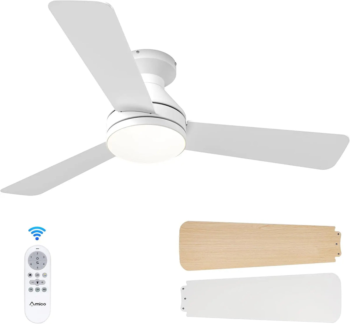 Amico 42 Inch White Low Profile Ceiling Fans with Lights and Remote, LED Lighting, Remote Control