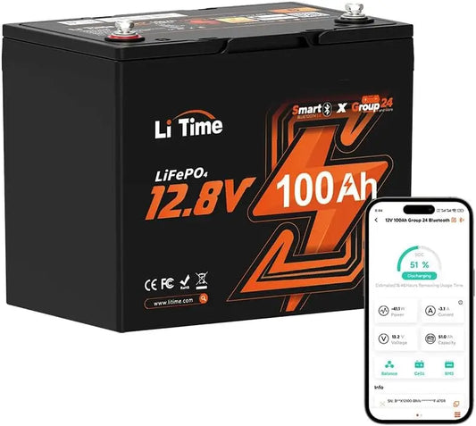 Litime 12V 100Ah LiFePO4 Battery, Group 24 Lithium Batteries for RV, Camper, Bluetooth Connectivity