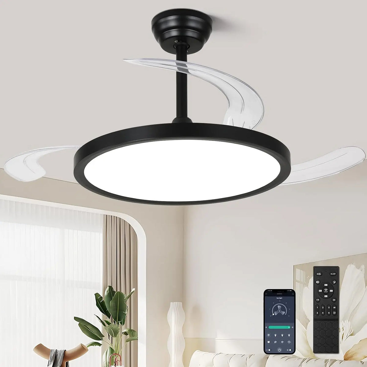 42 Inch Retractable Ceiling Fan with Lights, 6 Speed Dimmable Silent Fan, Timer
