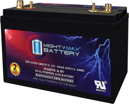 Mighty Max Battery MM-G31M, 12V 110Ah, Group Size 31M Deep-Cycle Marine AGM, Dual-Purpose Starting & Deep Discharge, 825 CCA, 1000 MCA, 240 RC