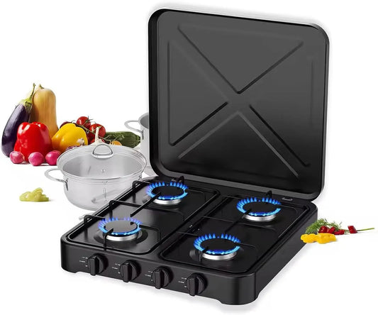 Gas Camping Stove, 5.4 KW Stainless Steel Table Top Cooker, Portable Stove with 4 Burners, Adjustable Temperature Control, Automatic Ignition