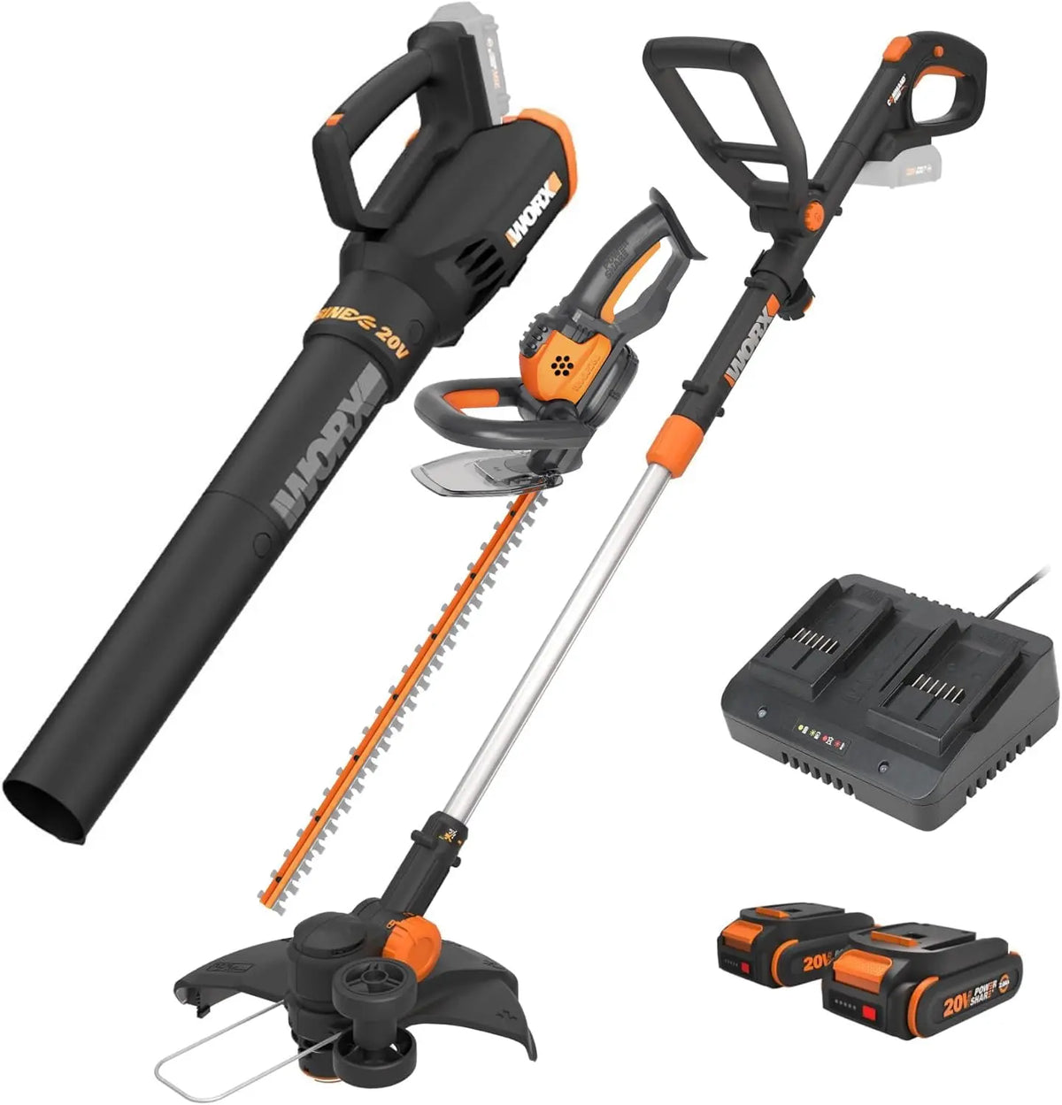 Worx 20V 12 Inch Weed Wacker, 360CFM Blower & 22 Inch Hedge Trimmer Kit, WG931