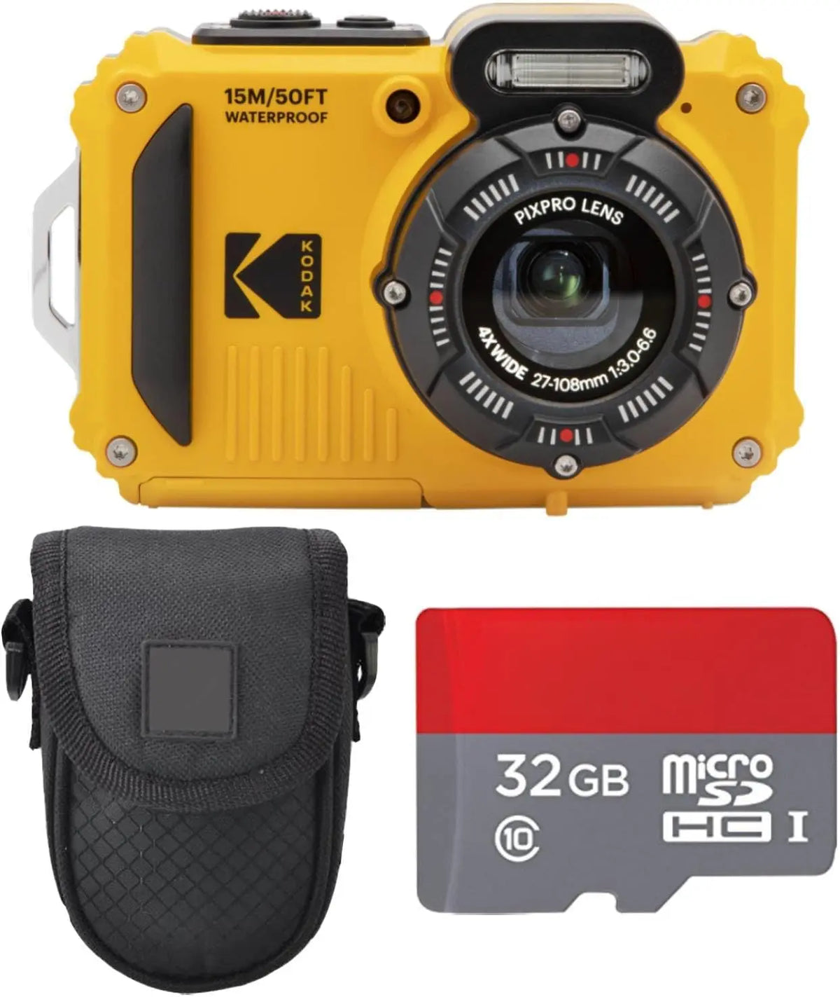 Kodak PIXPRO WPZ2 Rugged Waterproof Digital Camera Bundle, with Black Point & Shoot Case + 32GB microSDHC Card Yellow Bundle 3 Items