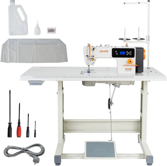 VEVOR Industrial Lockstitch Sewing Machine, 550W Servo Motor Commercial Sewing Machine Set with Table Stand, 5000 SPM High Speed, Auto Thread Trimmer