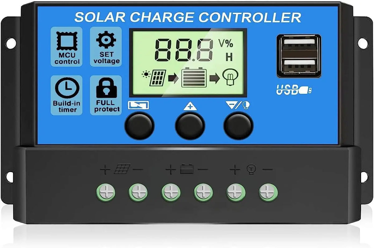 30A PWM Solar Charge Controller, 12V 24V Dual USB Solar Panel Battery Intelligent Regulator with LCD Display, Auto Parameter Adjustable, Timer Setting