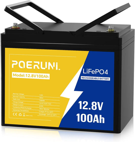 POERUNI.12V 100Ah LiFePO4 Battery, 1280Wh Trolling Motor Lithium Battery