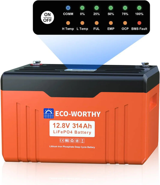 ECO-WORTHY 12V 314AH LiFePO4 Lithium Battery Bluetooth with SOC LEDs, Low Temp Protection, 4019WH, 200A BMS Up to 15000 Deep Cycle for Off-Grid, RV