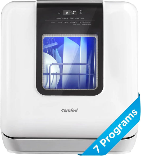 COMFEE' Countertop Dishwasher, Portable Dishwasher with 6L Built-in Water Tank, Mini Dishwasher with More Space Inside, 7 Programs, Dorms& RVs, White