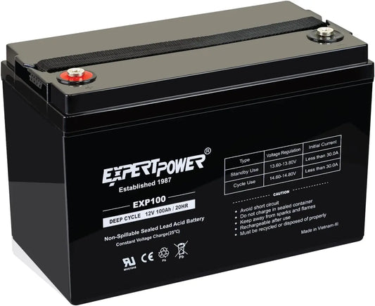 ExpertPower Deep Cycle Battery 12V 100Ah, SLA AGM Battery for Camper, Wind & Solar Power Systems, Trailer, UPS, Wheelchair Batteries OEM Fit w/ M8