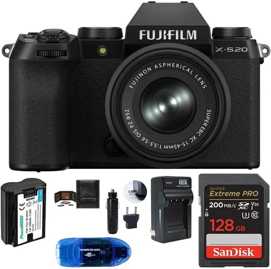 FUJIFILM X-S20 Digital Camera with 15-45mm Lens Bundle, Includes: SanDisk 128GB Extreme PRO SDXC Memory Card, Spare Battery 6 Items