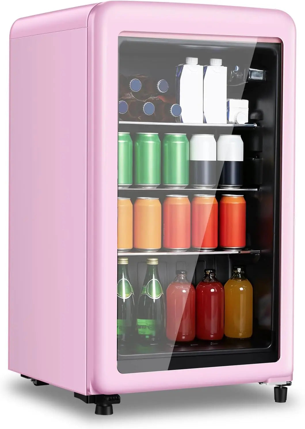 HAILANG 130 Can Retro Beverage Refrigerator, Fridge with Glass Door, Pink, LED Lighting, Adjustable Temperature