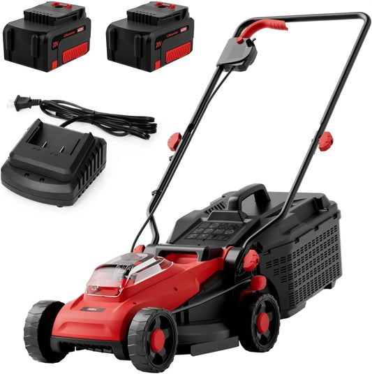 MZK 20V 13-Inch Electric Lawn Mower, Compact Brushless Mower, Red, Brushless Motor