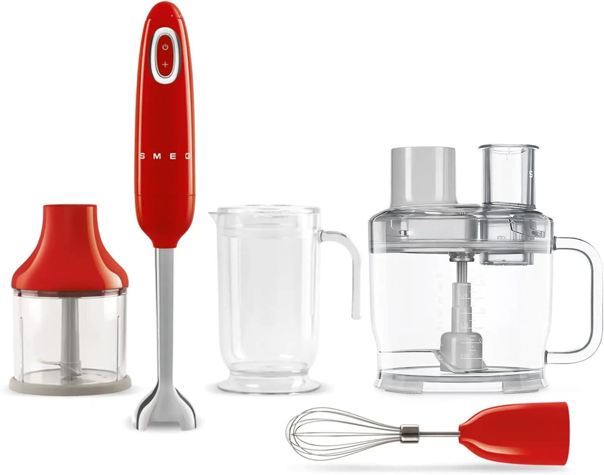 SMEG Hand Blender & Food Processor Bundle, HBF03 with HBFP11 Attachment, Retro Style, 350W Motor, Variable Speed, 5-in-1 Functionality, Red