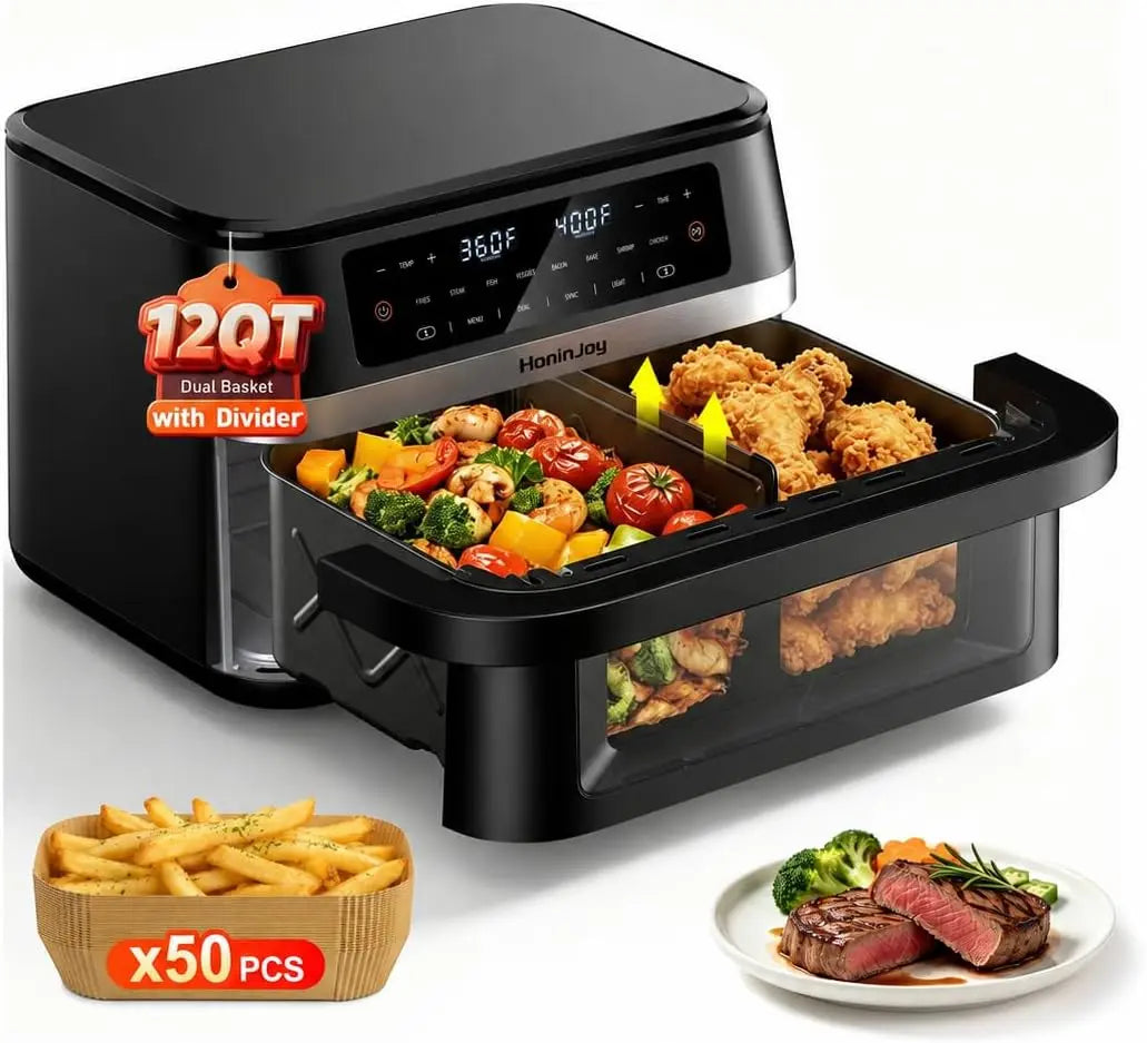12QT Dual Basket Air Fryer with Dvider & 50PCS Paper Liners, Touch Controls, Timer