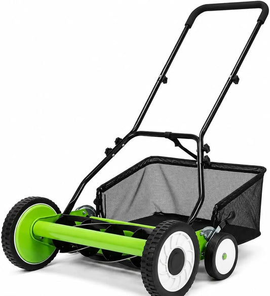 18 Inch Reel Lawn Mower 4 Wheel Push Grass Cutter, with 5 Blade System