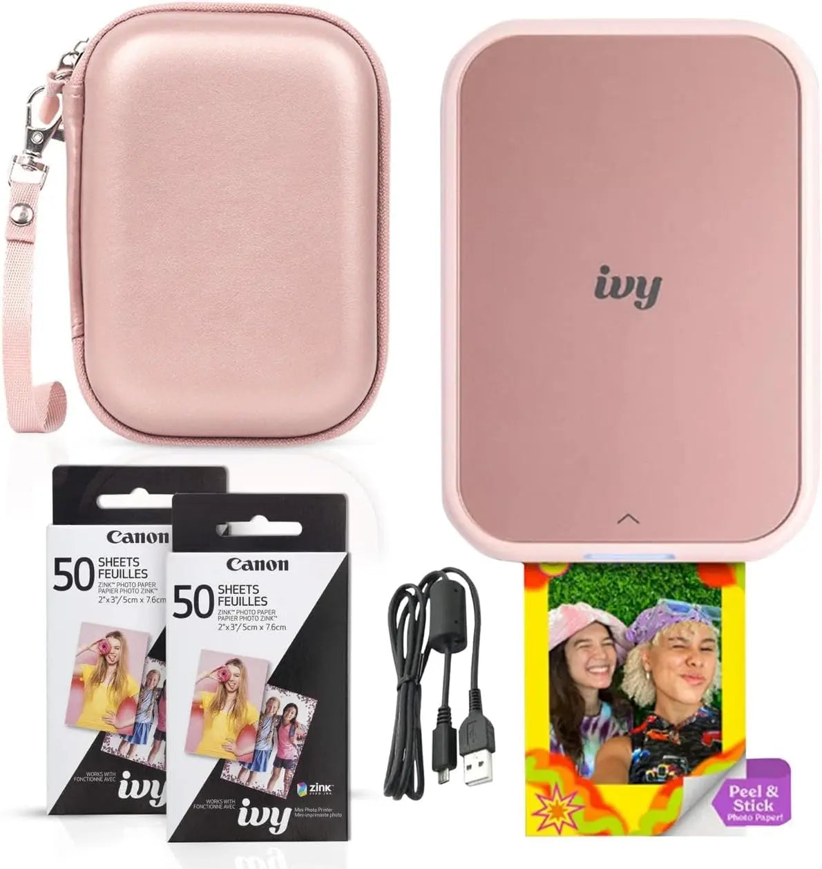Canon Ivy 2 Mini Photo Printer Blush Pink, Bluetooth, Print from iOS & Android Devices, Bundle Incl. 110 Zink Sticky-Back Prints, LED Light Bar