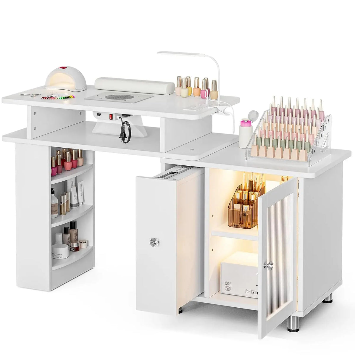 Paddie Manicure Table Nail Desk with LED Lamp & Light, Glass Cabinet Door Nail Table Station w/Dust Collector, Charging Station, LED Lighting, Timer
