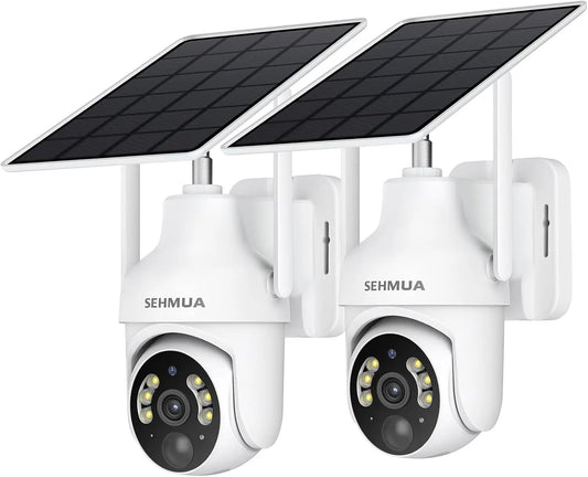 SEHMUA 2K Solar Security Cameras Wireless Outdoor, 2 Pack 360° View Pan/Tilt WiFi Security Camera Outside with Color Night Vision, 2-Way Audio