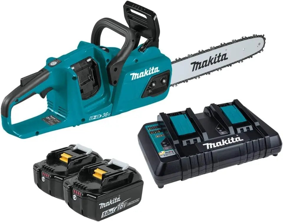 Makita XCU07PT 18V X2 36V LXT Lithium-Ion Brushless Cordless 5.0Ah 14 Inch Chain Saw Kit, Teal, Brushless Motor, Variable Speed
