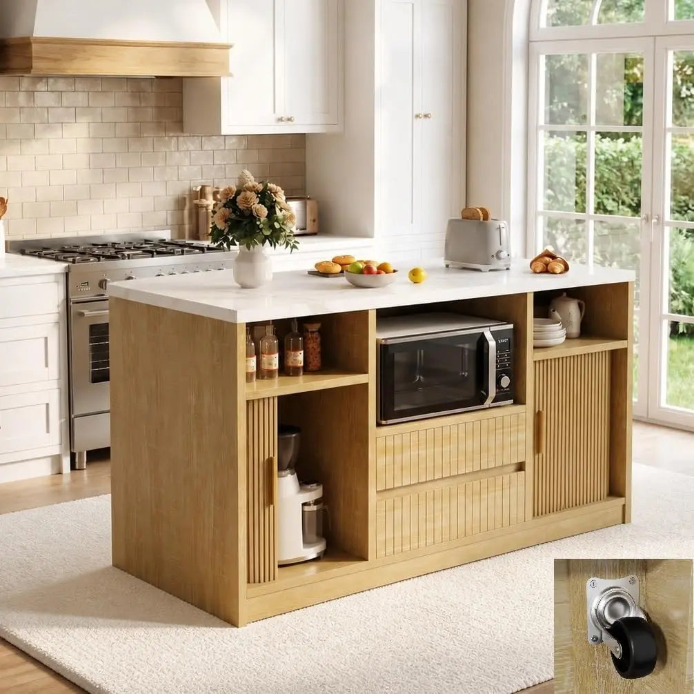 Kitchen Island with Power Outlet & LED Lights, 47 Inch Rolling Island, LED Lighting