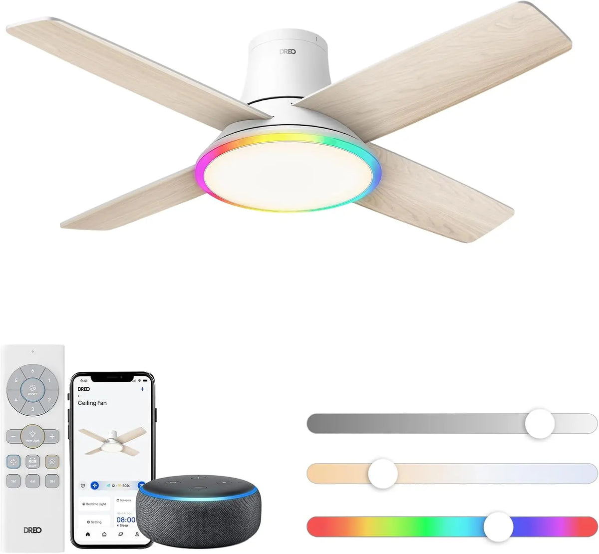 DREO Ceiling Fans with Lights, 44'', RGBIC Flush Mount Smart Ceiling Fan, Brushless Motor