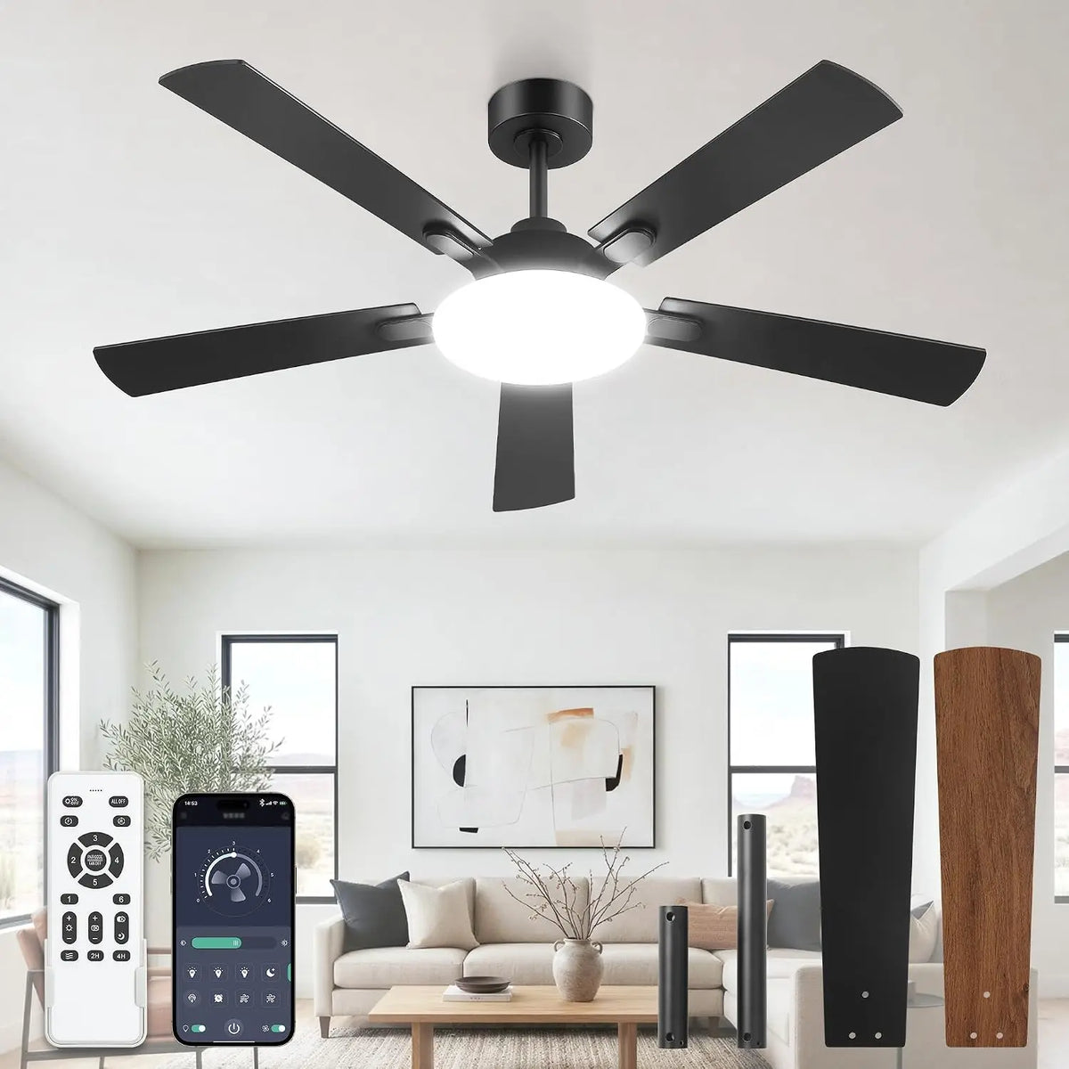 LEDIARY 52 Inch Ceiling Fans with Lights DC Motor, Remote & APP Control, Bluetooth Connectivity, Wi-Fi Connectivity