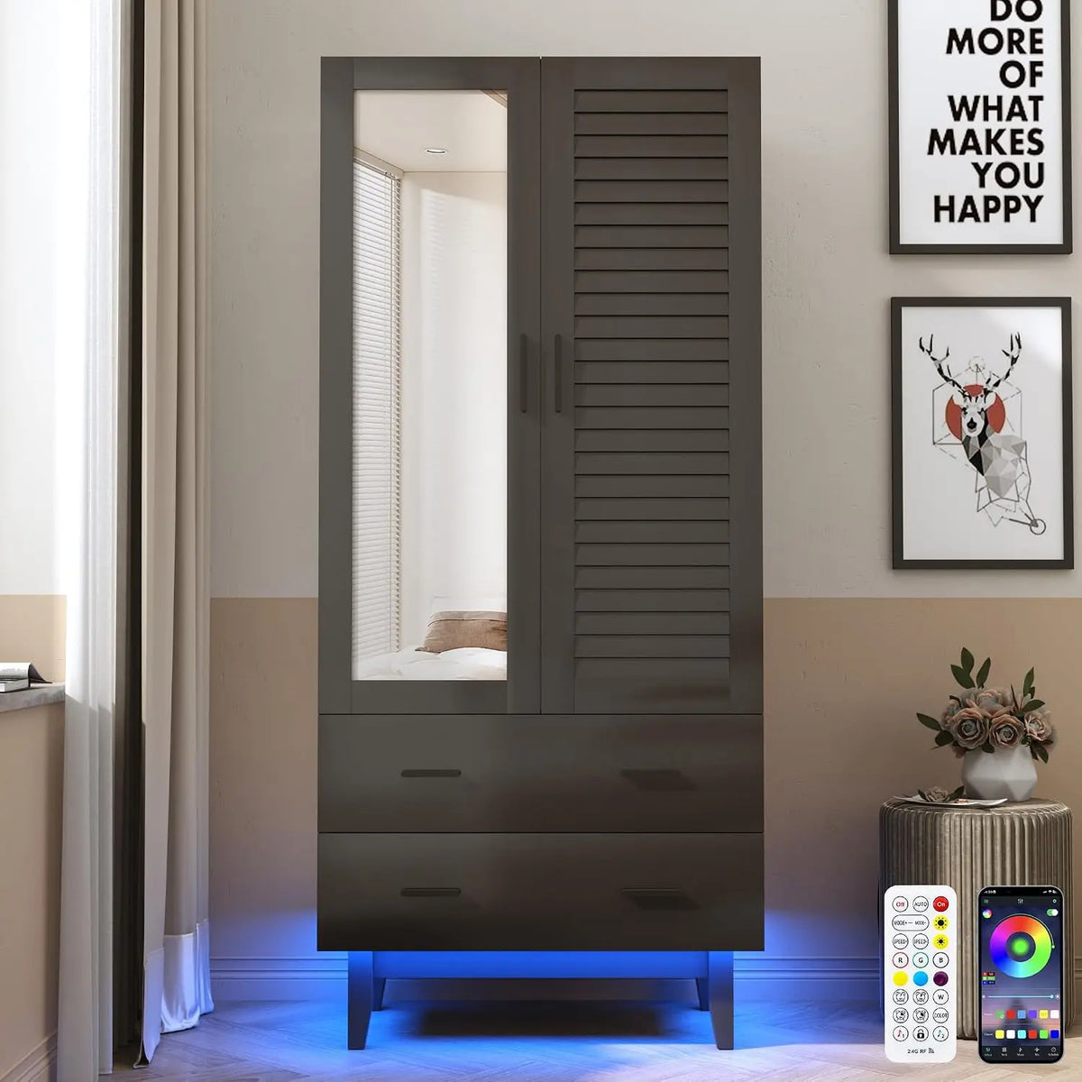 Hlivelood 2 Door Armoire Wardrobe Closet Cabinet with Mirror, Drawers and LED Lights, Multi-Tier Shelves, Hanging Rod & 2 Louver Doors, Black