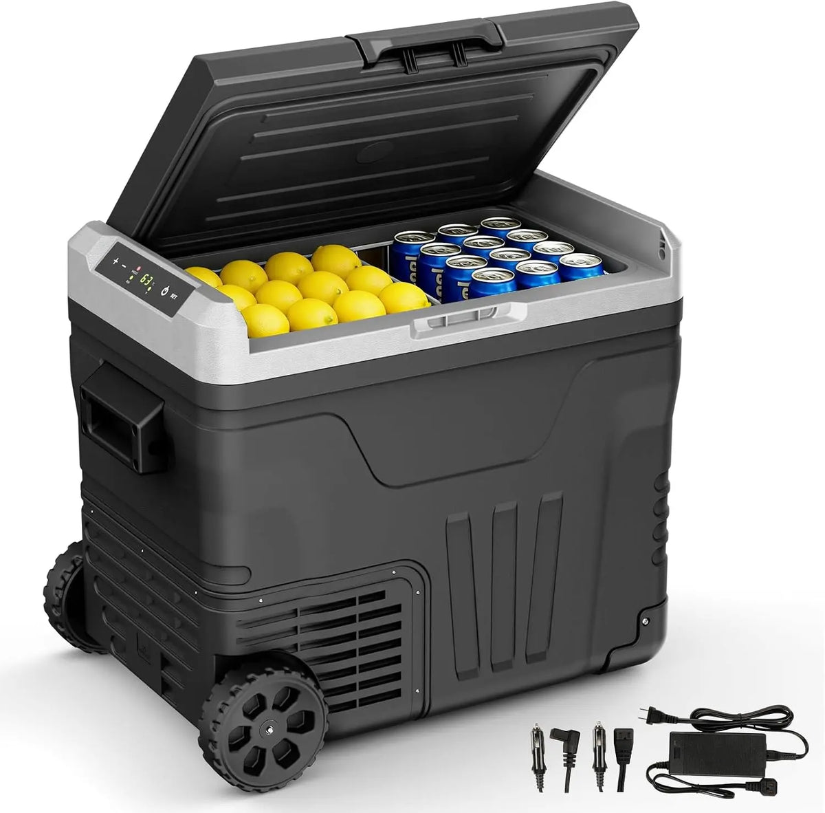 12 Volt Refrigerator, 53QT -4℉~68℉ Electric Cooler with Wheels for Car, Black, LED Lighting