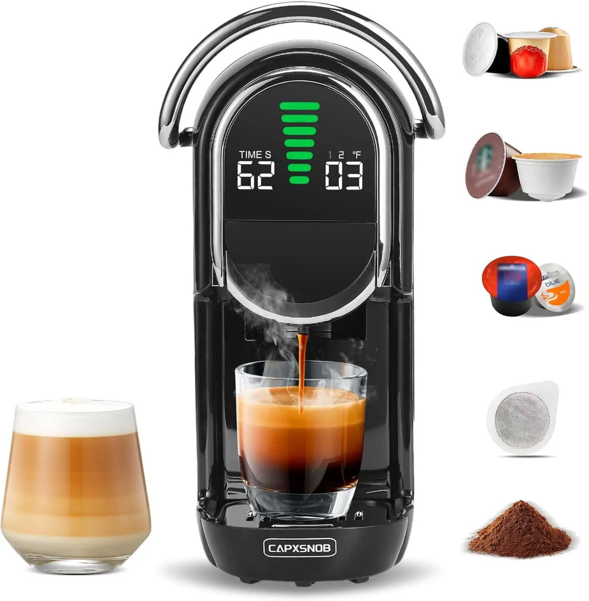 Magician1 Mini 5-in-1 Multi-Pod Espresso Coffee Machine for Pods & Grounds, LED Display, Adjustable Temperature