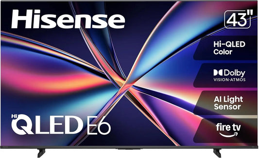 Hisense 43 Inch E6 Cinema Series Hi-QLED 4K UHD Smart Fire TV 43E6QF, AI Light Sensor, Dolby Vision · Atmos, Motion Rate 120, HDR 10+ Adaptive
