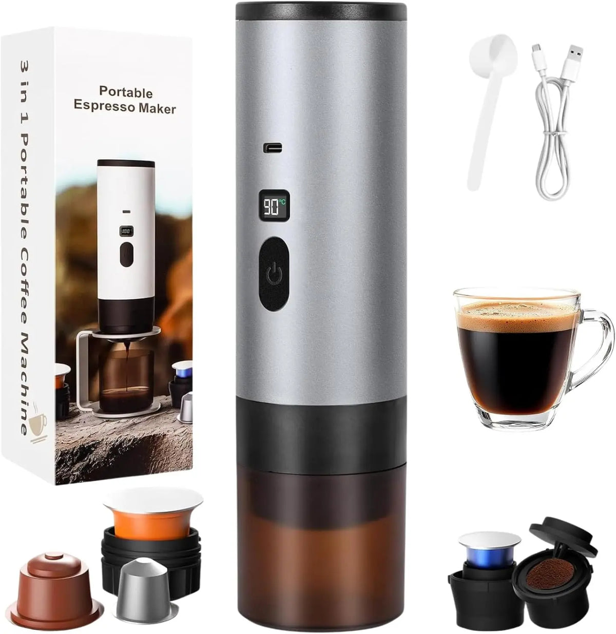 3-in-1 Portable Espresso Maker with Temp & Battery Level Display, Camping, RV, Car, Home, LCD Display