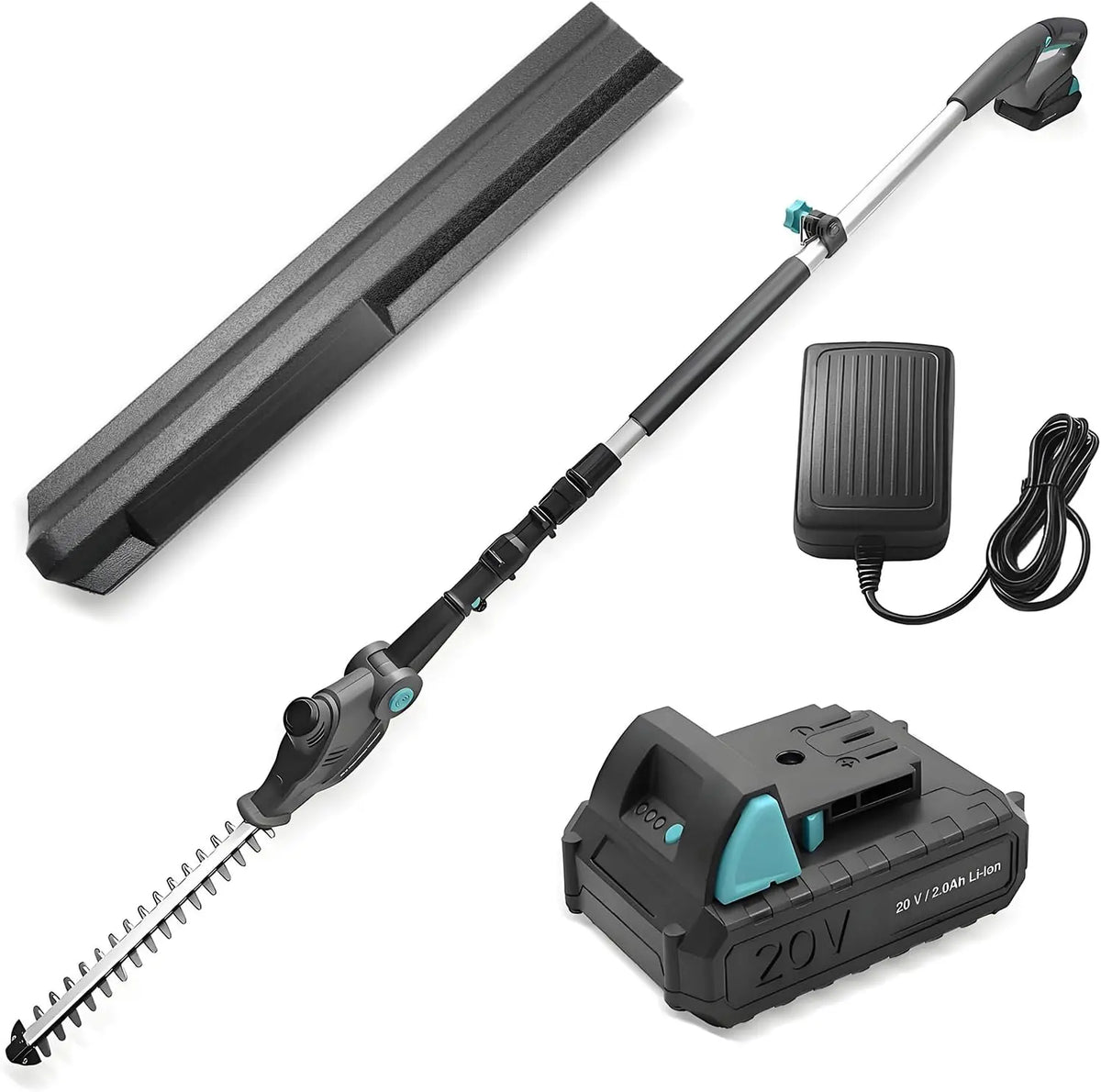 20V Cordless Telescopic Pole Hedge Trimmer Long Reach Extendable Hedge Cutter, 1x 2.0AH Battery, Shoulder Strap, Fast Charger, for Hedges, Branches
