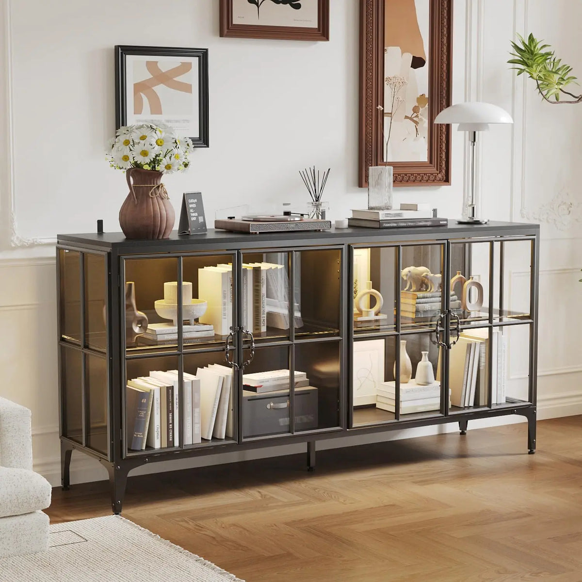 Timechee Metal LED Sideboard Glass Display Cabinet with Storage, Black, LED Lighting