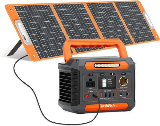 FF 144.3Wh Flashfish with Solar Panel 100W, Solar Generator 200W with AC/DC/USB/Type C/LED Lights, Backup Battery for Camping, Travel and Emergencies