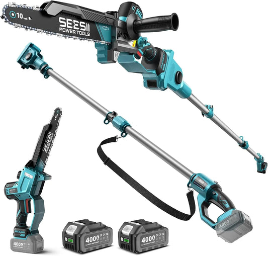 SEESII 10-Inch 2-in-1 Cordless Pole Saw & Mini Chainsaw, 2 x 4.0Ah Batteries, Brushless Motor