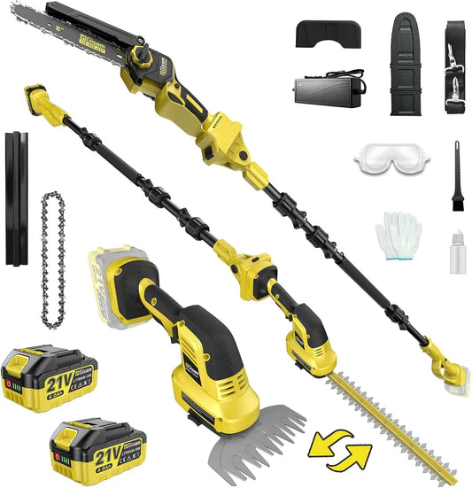 6-IN-1 Cordless Pole Saw & Pole Hedge Trimmer Combo Kit, Dual 4.0Ah Batteries, 8 Inch Brushless Chainsaw, 16 Inch Electric Hedge Trimmer
