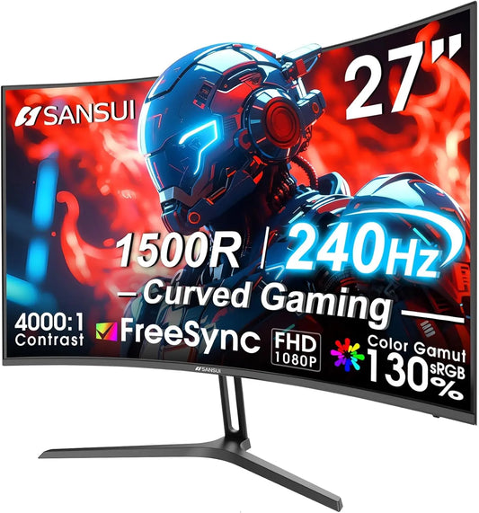 SANSUI 27 Inch Curved 240Hz Gaming Monitor FHD 1080P, 1500R Curve Computer Monitor, 130% sRGB, 4000:1 Contrast, HDR, FreeSync, MPRT 1Ms, HDMI DP Ports