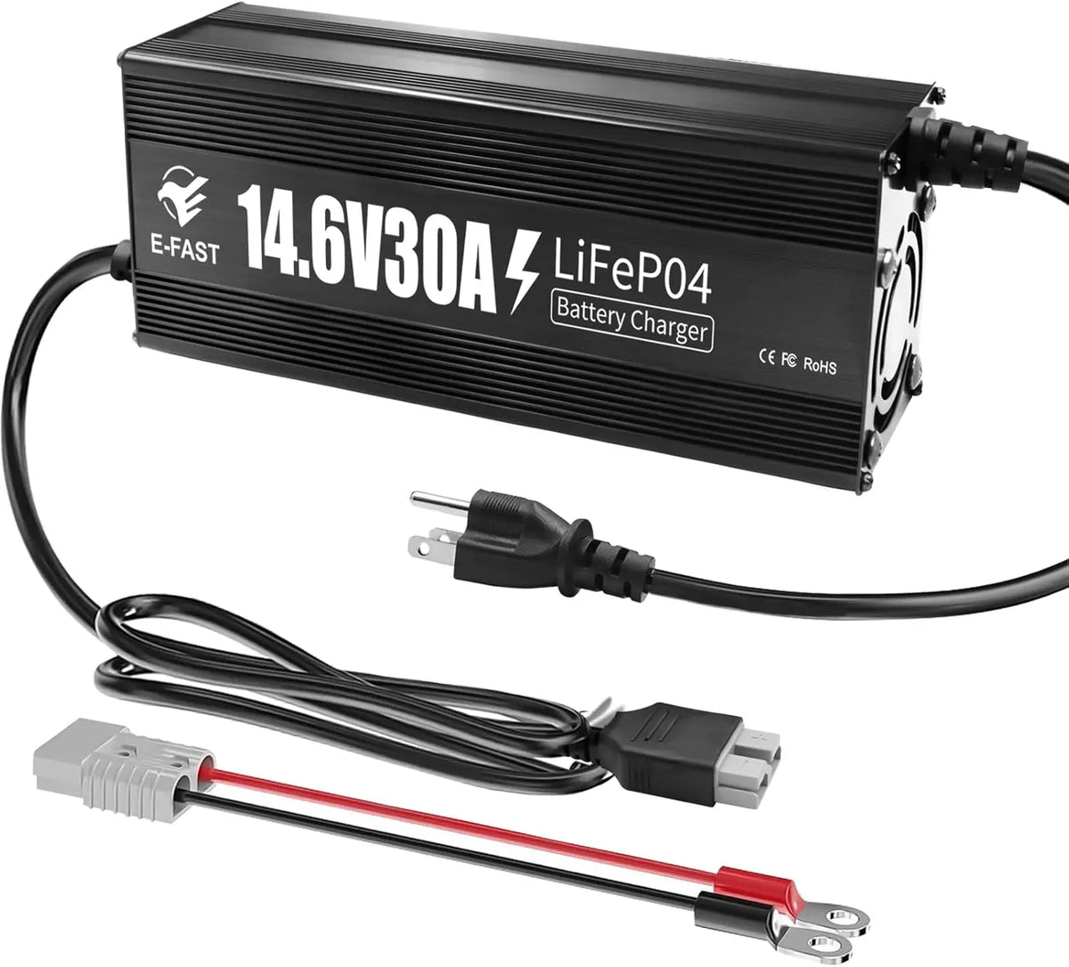 E-FAST 12V 30A Lithium Battery Charger, 14.6V LiFePO4 Battery Charger with Aluminum Housing, 0V Activation for Golf Cart, RV, Marine, Boat