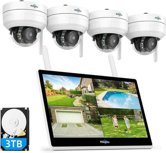 Hiseeu Wireless Security Camera System, 5MP 4 Cam-Kit, 14 Inch LCD, 3TB HDD