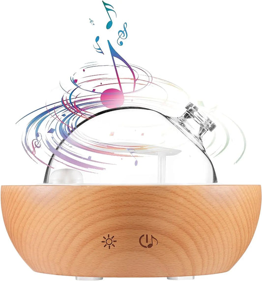 Glass Essential Oil Diffuser, Real Wood Base, 2025 Upgrade Aromatherapy Diffuser, LED Light in 7 Colors，Home Office Bedroom（Non-Glass Reservoir）